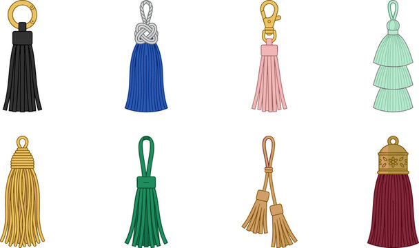 Colorful Fashion Tassel Vector Icon Set with Leather Fringe Keychain Clasps Metal Hardware and Cord Knots for Bag Accessories and Home Craft Projects