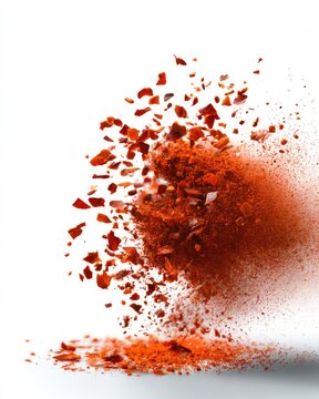 A dynamic close-up image captures bright red chili powder exploding and dispersing against a white background.