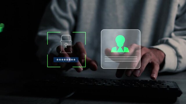 Person hands typing on computer keyboard with Employee confidentiality concept, privacy and data protection icons, confidential information security, workplace privacy.