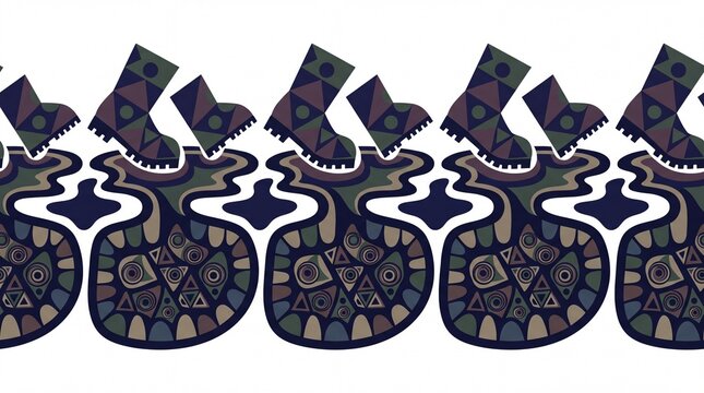 Repeating geometric border shows boots stepping into a puddle that reveals a cozy mouth chamber