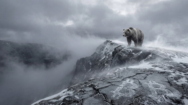 Crypto winter or bitcoin bear market. Bear Standing on Snowy Mountain with Bitcoin Symbol in Winter Landscape, Symbolizing Crypto Bear Market. Image made using Generative AI.