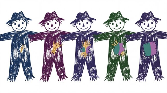 Scarecrows holding hands in a row with crayon texture