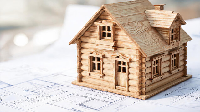 A detailed miniature wooden log house model placed on architectural construction blueprints, representing home building and design.