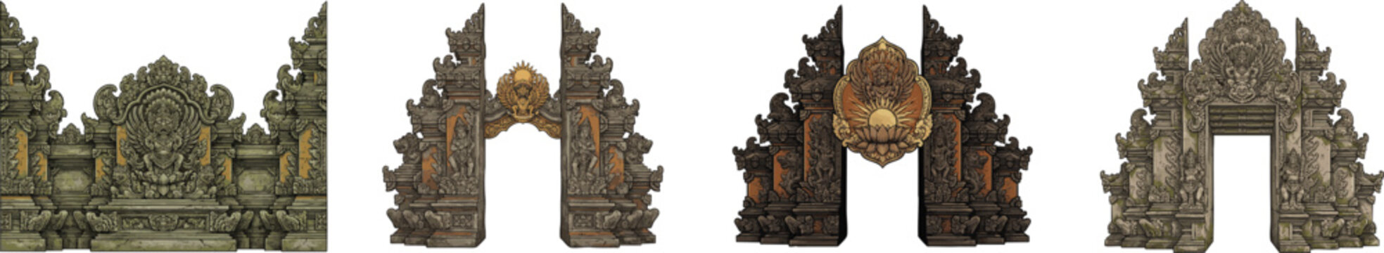 A detailed illustration of a traditional Balinese stone gate featuring intricate carvings and a central ornamental emblem, vector isolated on white