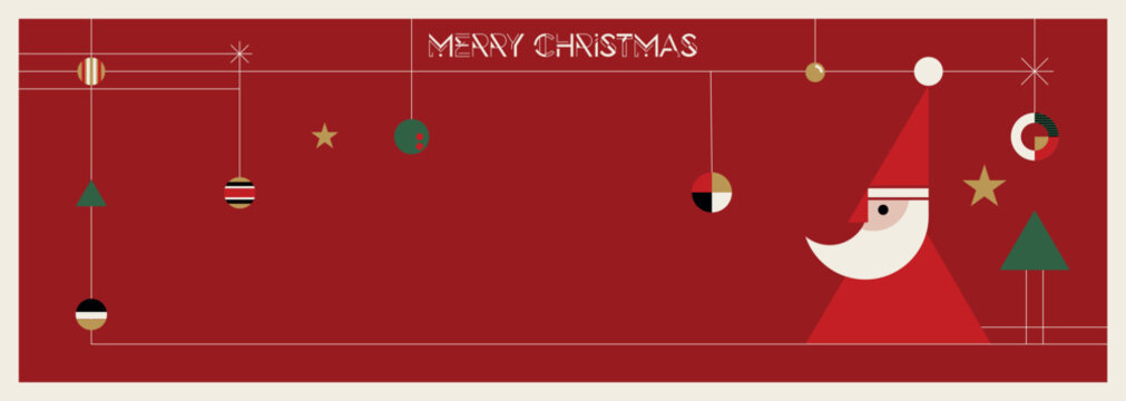 Merry Christmas greeting banner with minimalist geometric Santa Claus and colorful elements modern retro style on red background horizontal template have blank space.