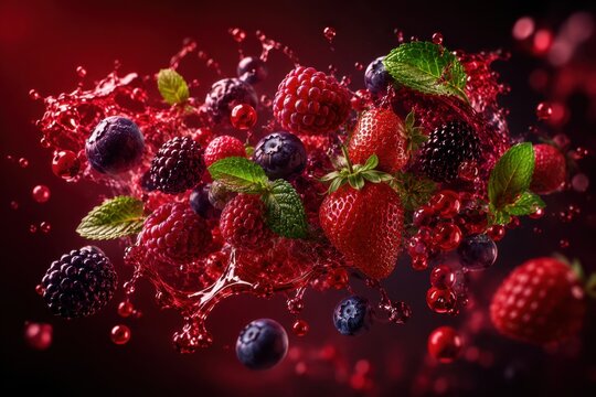 Assorted fresh berries and mint leaves splashing in red juice, close-up shot