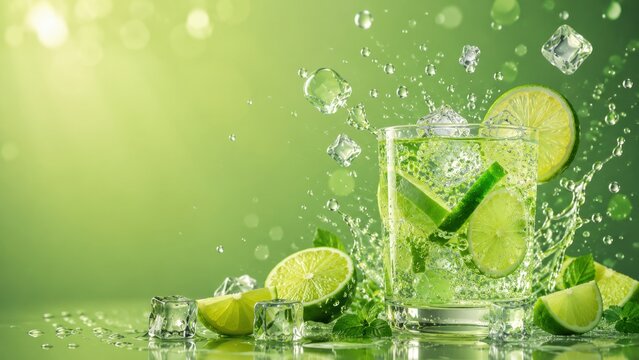 Refreshing mojito cocktail with lime and mint, splashing water and ice cubes
