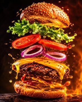 Delicious floating burger with melted cheese and fresh ingredients, against a fiery background