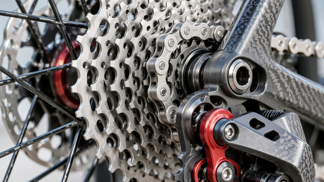Close-Up of Modern Bicycle Rear Drivetrain Featuring Multi-Speed Cassette Cog, Chain, Carbon Fiber Frame, and Derailleur Mechanism