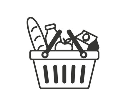 Shopping basket icon with grocery items, vector illustration. Flat design for retail, e-commerce, supermarket and online