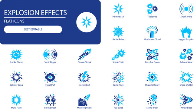 Explosion effects icons set. Black silhouette vector set of blast, bang, boom, spark and impact symbols for comic books, game UI and motion graphics.