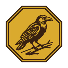 Fototapeta premium Mascot style clan badge showing a perched raven inside an octagon seal, with a flat two-color scheme of mustard yellow and dark brown, strong outlines, and no gradient blending, perfect for logo or