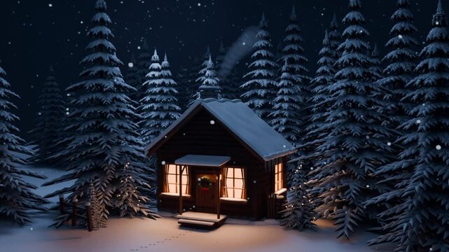 Log cabin in a snowy winter forest at night