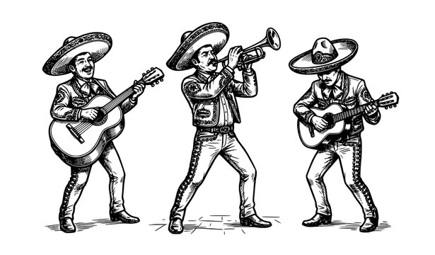 SEO Title: Hand Drawn Mexican Mariachi Musicians Playing Trumpet and Guitar Vector