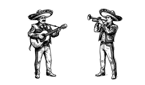 SEO Title: Mexican Mariachi Serenade Musicians Trumpet Guitar Hand Drawn Vector