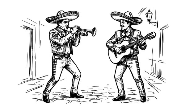 SEO Title: Festive Mexican Mariachi Trio Playing Trumpet and Guitar Vector