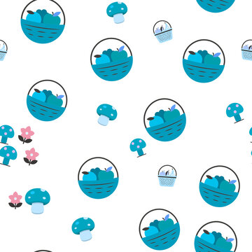 Seamless pattern with fruit baskets, mushrooms and flowers