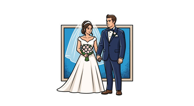 Cartoon illustration of a bride and groom holding hands on their wedding day