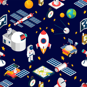 seamless pattern with mission of astronauts in space, galaxy,  spaceships, geostationary, spaceship, satellites, navy vector art illustration design