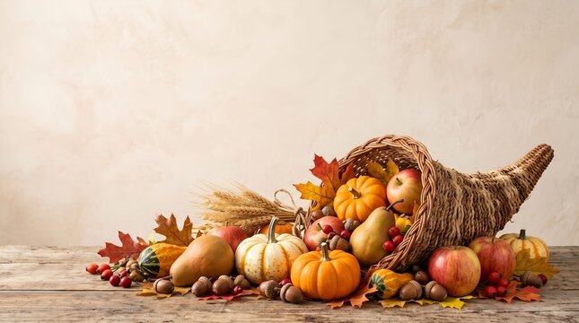 Traditional Thanksgiving Cornucopia Stock Photo Pumpkins Horn of Plenty Wooden Table Background