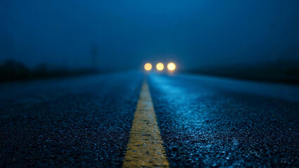 Obraz premium A low-angle view of a wet dark road at night, with blurred approaching vehicle headlights in the distance.
