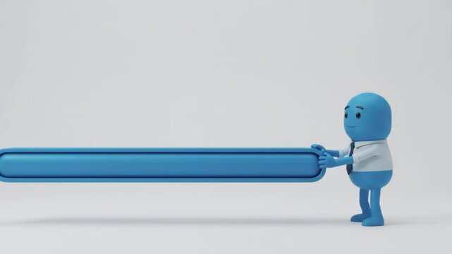 3D Mascot Blue Character In Office Shirt Pushing Progress Bar