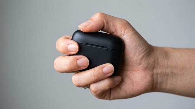 Close-up of a hand gripping a sleek, matte black compact charging case for wireless Bluetooth earbuds.