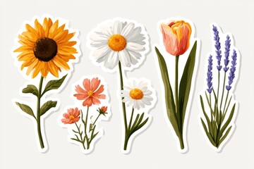Fototapeta premium Illustration of five different flowers including sunflower, daisy, tulip, cosmos, and lavender with a white background.