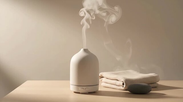 Ceramic diffuser releases fragrant steam against a warm beige background, surrounded by neatly folded towels and smooth river stones.