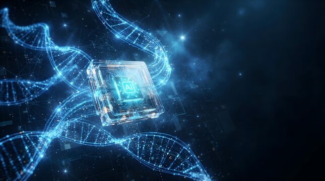Futuristic biotechnology concept featuring a glowing microchip processor integrated with DNA double helix strands on a dark background