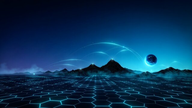 Blue Digital Mountain Landscape with Hexagonal Grid and Glowing Network Connections
