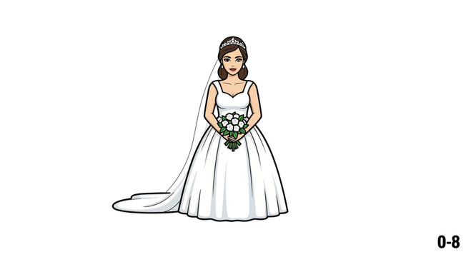 Cartoon illustration of a bride in a white wedding dress holding a bouquet