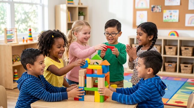 Happy children working together to build a colorful structure with wooden blocks in a bright classroom. Play-based learning scene representing teamwork, creativity, and problem solving