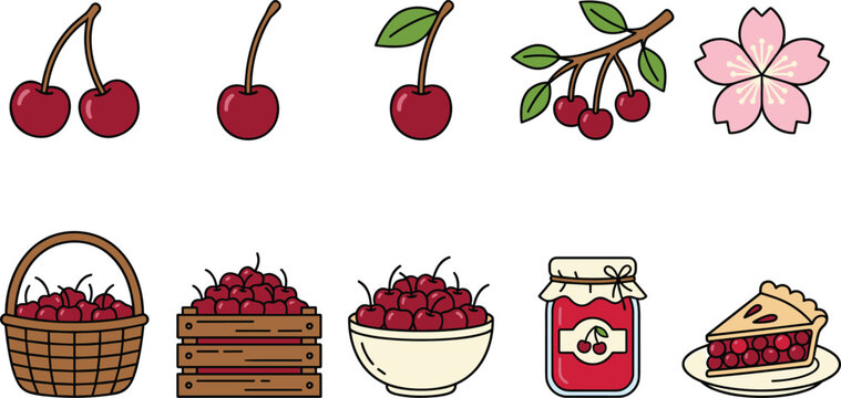Fresh Red Cherry Fruit Vector Icon Set Featuring Cherry Blossom, Basket, Jam Jar, Slice of Pie, and Harvest Wooden Crate Illustrations