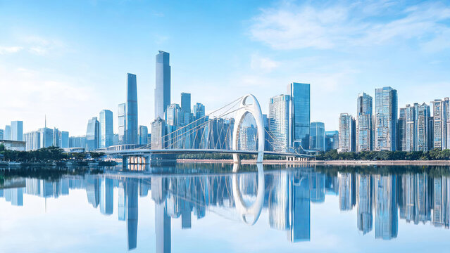 A modern urban landscape featuring skyscrapers, a distinctive arch bridge, and their clear reflections on a calm river under a bright blue sky.