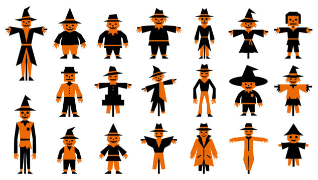 Set of halloween scarecrow silhouette vector art illustration featuring various spooky characters for festive seasonal graphic design projects
