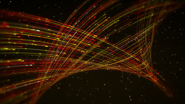 A dramatic 3D abstract background featuring curved golden, yellow, and red particle trails twisting through a starry black space with luminous depth and futuristic motion.