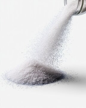 White granulated sugar is pouring from a tilted glass jar, forming a small mound on a clean white surface.