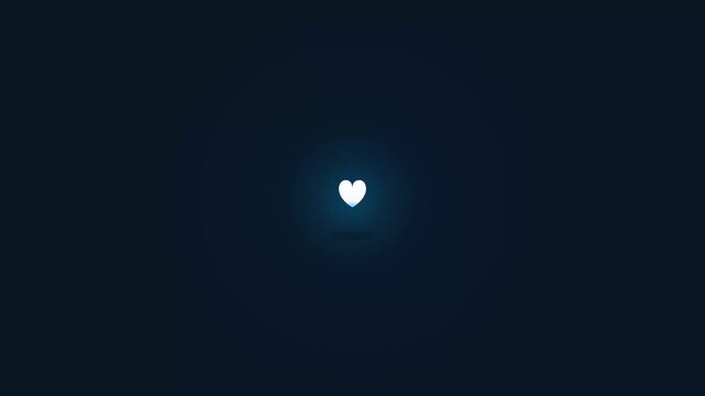 Glowing heart icon symbol on a dark blue background, representing love, care, and affection, with a soft light emanating from its center