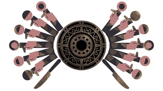 Symmetrical arrangement of stylized doll arms holding blunt knives around a central gear motif