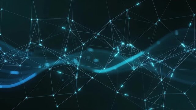 Complex neural network graph featuring glowing interconnected nodes and shimmering data pathways.