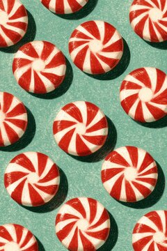 Peppermint striped round hard candies pattern on green background