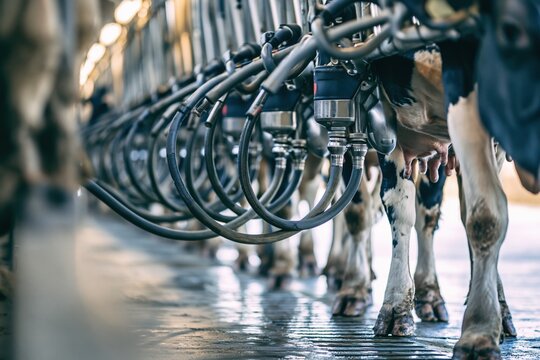 The Milking Cows Under Automated Milking Equipment in a Modern Dairy Farm