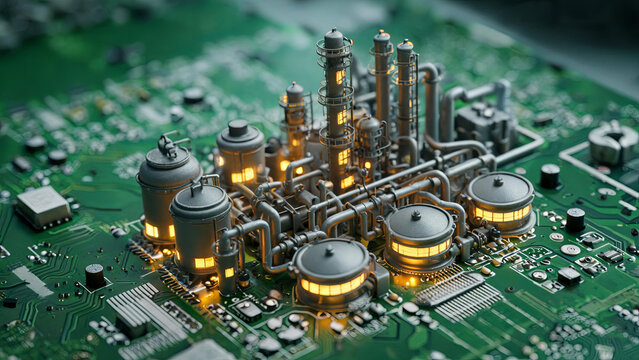 A miniature industrial refinery model integrated onto an electronic circuit board, representing the fusion of industrial engineering and digital technology.