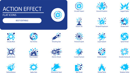 Action effect icons set. Silhouette vector illustration of explosion, shatter, fire burst and impact symbols for game design and comic art. © Sabbir