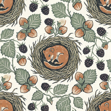 Seamless pattern featuring a cute sleeping dormouse curled inside a cozy nest surrounded by ripe blackberries and hazelnuts in a charming rustic hand drawn woodcut illustration style