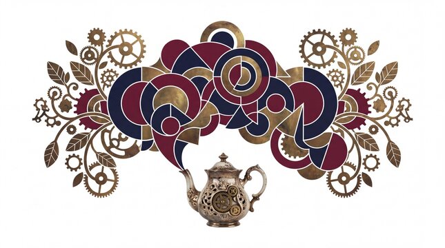 Steampunk teapot with gears and abstract geometric patterns isolated on white background