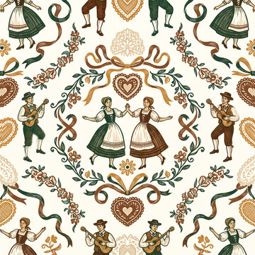 Seamless pattern featuring traditional Bavarian folk dancers and musicians in a vintage woodcut illustration style with decorative floral wreaths and heart motifs for cultural design