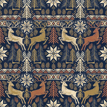 Seamless winter holiday pattern featuring hand drawn leaping deer pine trees and snowflakes in a rustic folk art style on a dark navy blue background for festive textile design