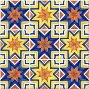 Traditional Mediterranean ceramic tile pattern featuring vibrant blue yellow and terracotta star motifs in a seamless geometric arrangement for interior design and architectural decor